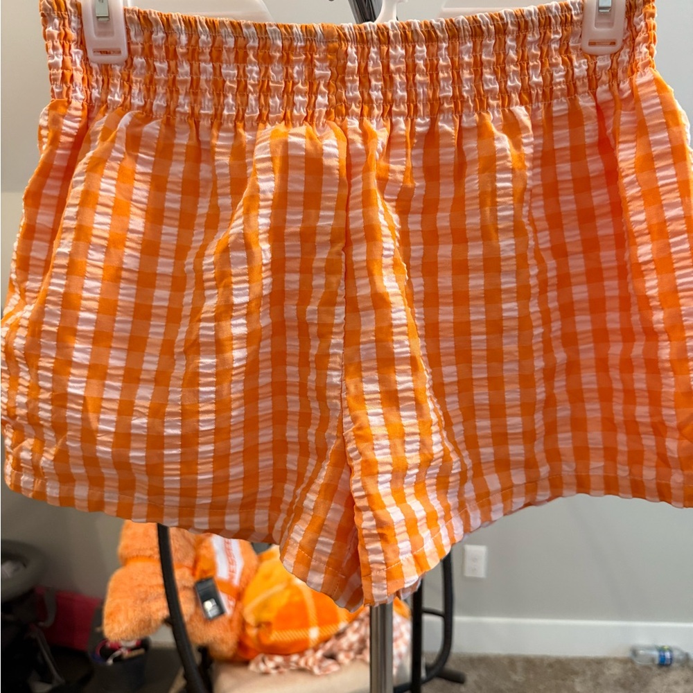 Vibrant Orange and White High Waist Gingham Shorts